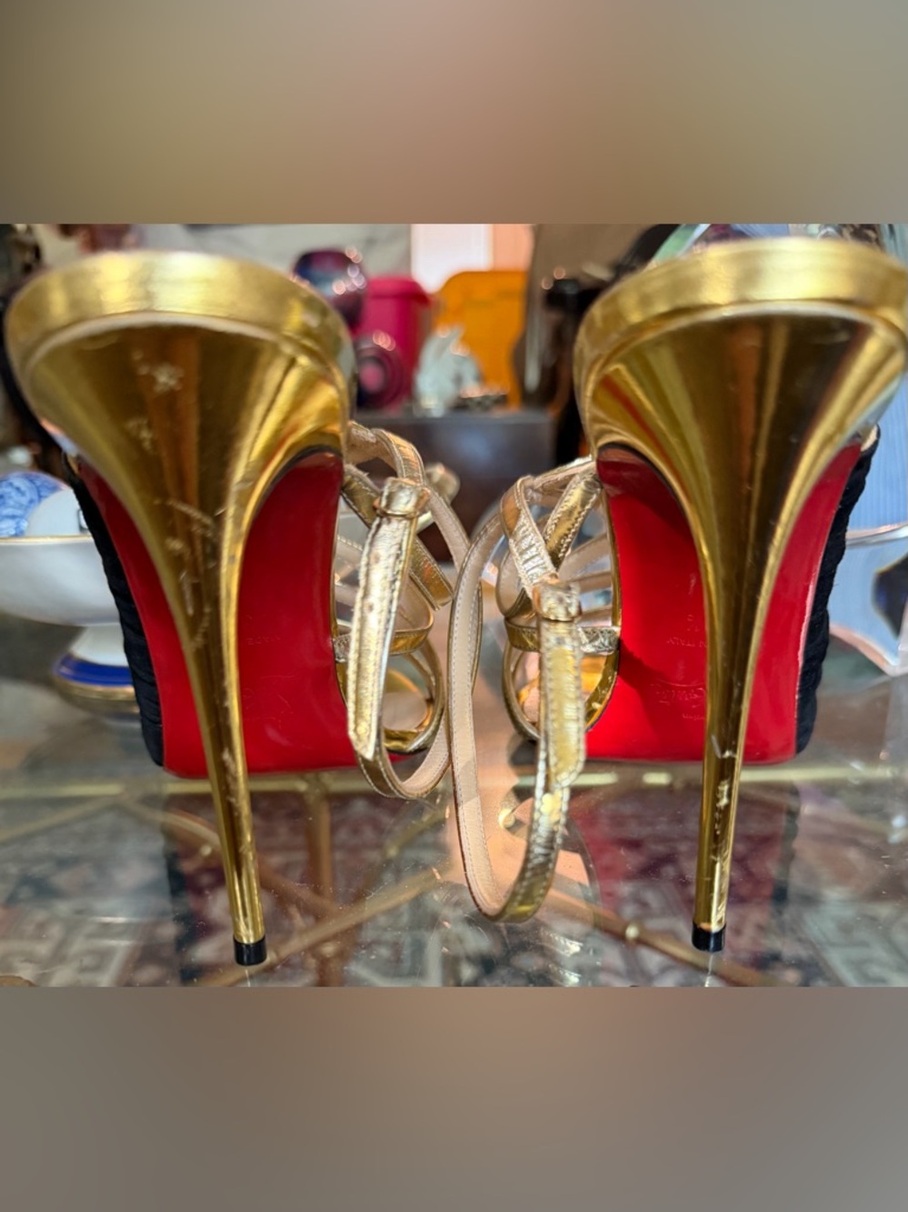 Christian Louboutin Gold and Black Suede Leather Tina Cage Strappy Heels - Picture 4 of 7